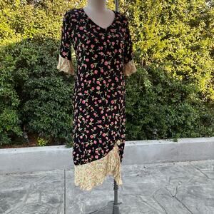 Vintage 1990s ZOE Floral Patchwork Bell Sleeve Midi Dress USA Made